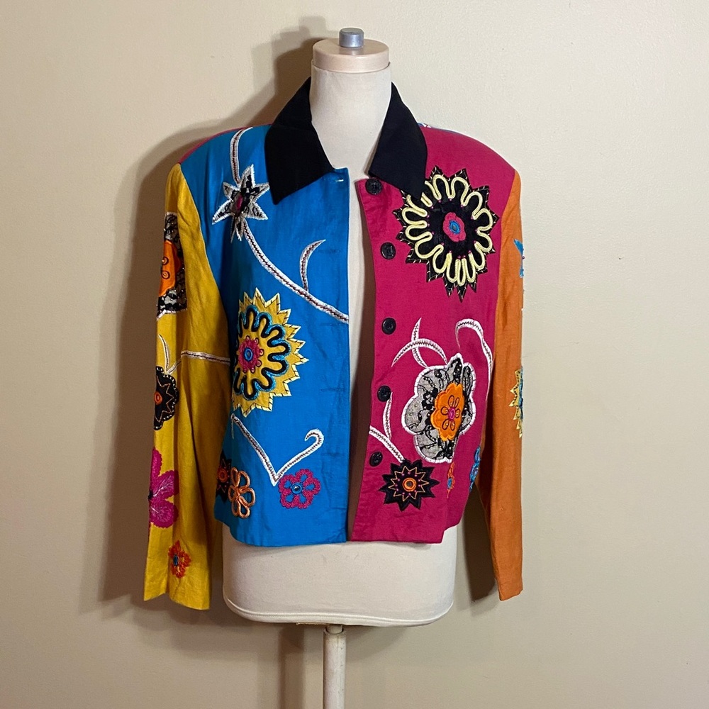Colorblock Floral Embroidered Jacket - Blue, Pink, Yellow